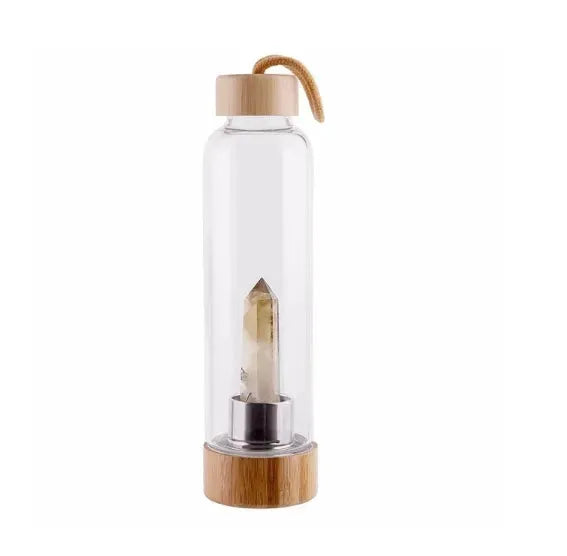 Crystal Infused Elixir Glass & Bamboo Water Bottle - Bellarte Enchanté Crystal Infused Elixir Glass & Bamboo Water Bottle